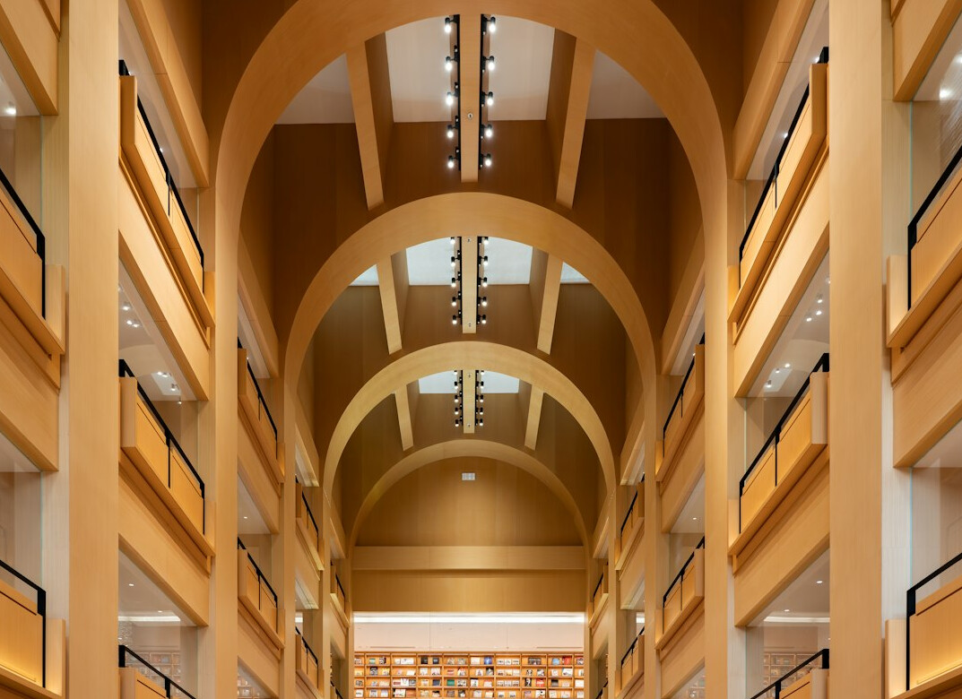 Grand library interior with arched ceilings