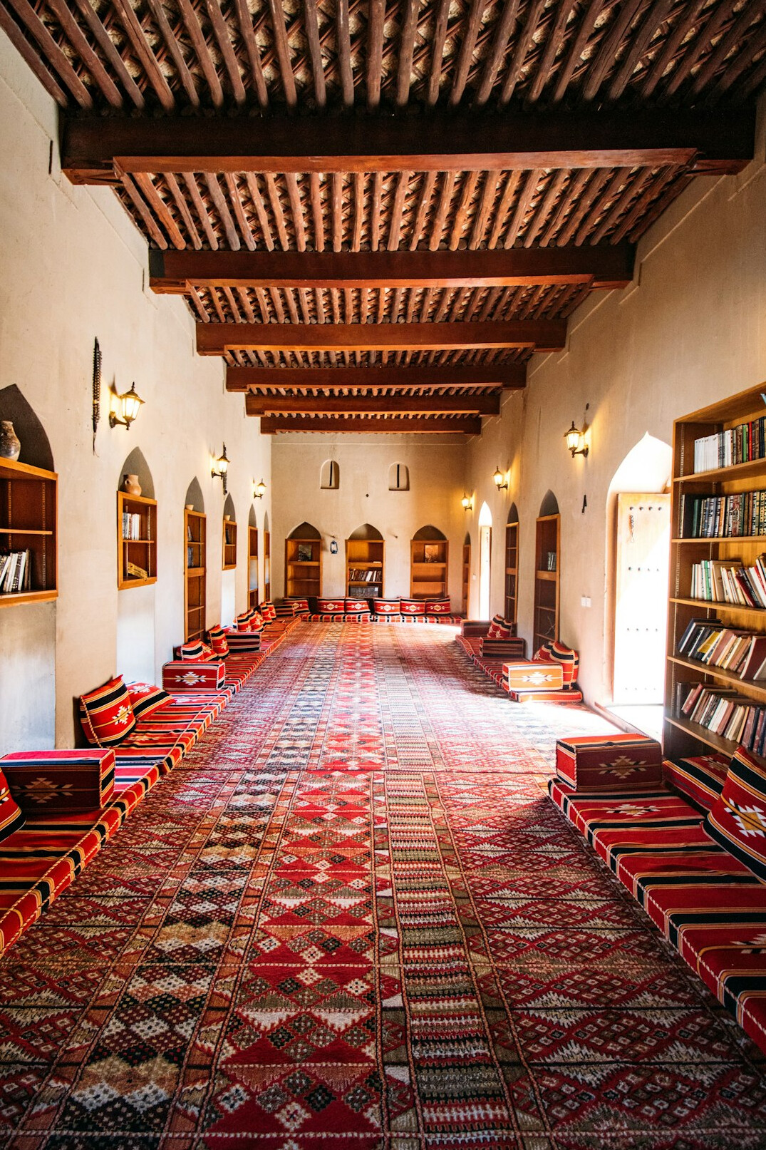 Reading room with long wooden tables